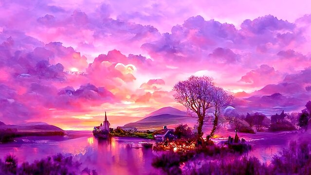 Beautiful natural landscape with a river against the backdrop of a sunset sky with large beautiful clouds in lilac tones. Digital painting illustration