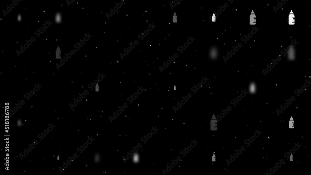 Poster template animation of evenly spaced feeding bottle symbols of different sizes and opacity. animation