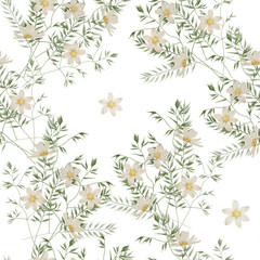 Watercolor vintage wild flowers and greenery seamless pattern, daisy flower, botanical blossom flora, rustic flower, wallpapaer, print wall art