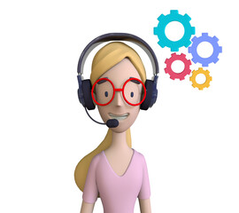 Call center staff talking and provide services to customers via headphones and microphone cable. Call center, customer support, telemarketing agents. Trendy 3d illustration.