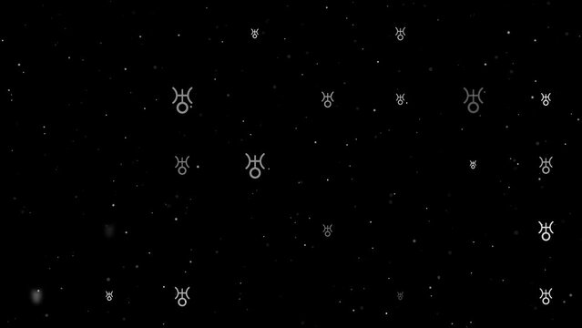 Template animation of evenly spaced astrological uranus symbols of different sizes and opacity. Animation of transparency and size. Seamless looped 4k animation on black background with stars