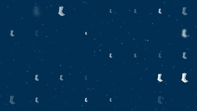 Template animation of evenly spaced socks symbols of different sizes and opacity. Animation of transparency and size. Seamless looped 4k animation on dark blue background with stars