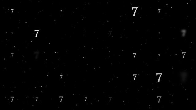 Template animation of evenly spaced number seven symbols of different sizes and opacity. Animation of transparency and size. Seamless looped 4k animation on black background with stars
