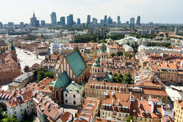 Fototapeta na wymiar Aerial view of Warsaw's Old Town, which was completely destroyed during the World War II and later restored to its prewar appearance.