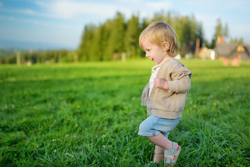 Funny toddler boy having fun outdoors on sunny summer day. Child exploring nature. High mountains and green hills in summer or spring.