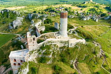 Aerial view of Castle in Olsztyn, one of the most well-known and picturesque remnants of the...
