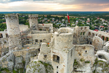 Fototapeta na wymiar Aerial view of Ogrodzieniec Castle, a ruined medieval castle in the south-central region of Poland, on the top of Castle Mountain, the highest hill of the Krakow-Czestochowa Upland.