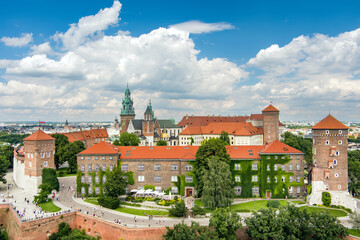 Aerial view of The Wawel Royal Castle, a castle residency located in central Krakow, Poland