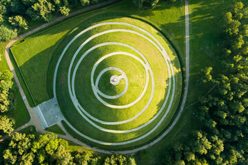 Aerial view of the famous Pilsudski's Mound in a sunny summer day, an artificial mound located in the western part of Krakow, on the Sowiniec Heights.