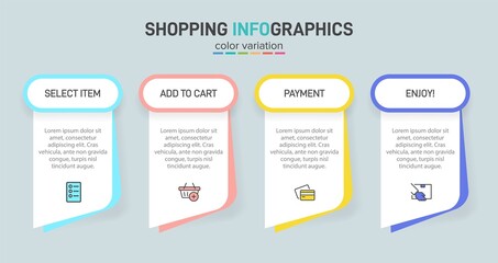 Concept of shopping process with 4 successive steps. Four colorful graphic elements. Timeline design for brochure, presentation, web site. Infographic design layout.
