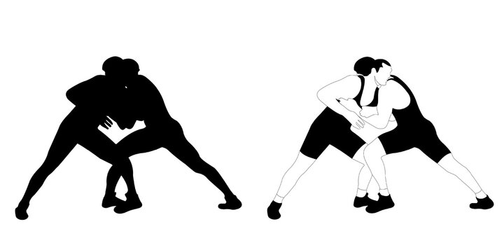 Silhouette outline of wrestler athlete in wrestling, duel, fight. Greco Roman, freestyle, classical wrestling.