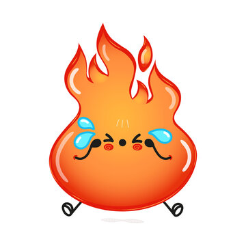 Cute sad fire character. Vector hand drawn cartoon kawaii character illustration icon. Isolated on white background. Sad fire character concept