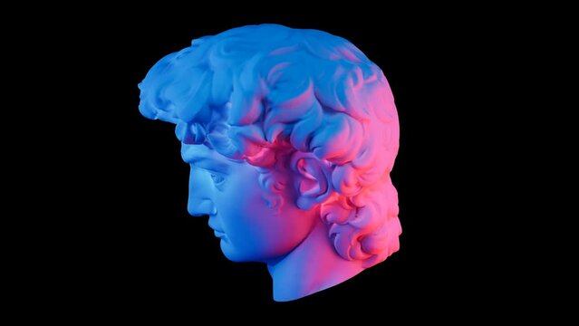 the head of an ancient sculpture of David rotating around its axis, a modern double blue-red lighting, contemporary art element,alpha channel