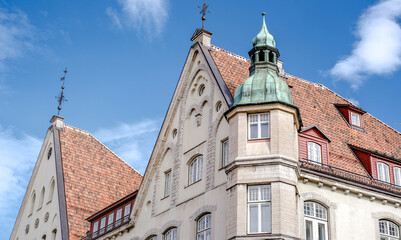 The old town - the oldest part of Tallinn in Estonia with orange tiled roofs and ancient buildings