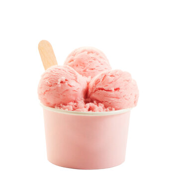 Strawberry ice cream scoops in paper cup isolated on white background