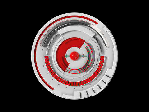 Abstract 3d industrial design circular shape. Futuristic user interface control panel. Glossy red and white plastic and metal parts. 3d rendering illustration