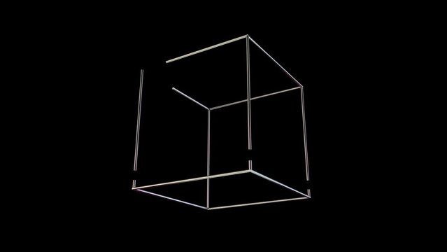 Wireframe cube appears and disappears on a black background. Abstract spline seamless loop animation 4k