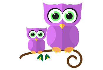 Purple owl and owlet sit on branches. Branch with olives. Cute owls on the tree. Good morning. Good night. Sweet Dreams. Little owlet. Modern illustration