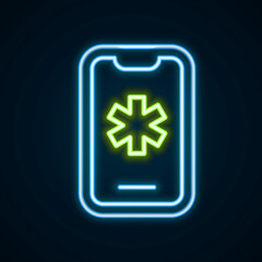 Glowing neon line Telephone with emergency call 911 icon isolated on black background. Police, ambulance, fire department, call, phone. Colorful outline concept. Vector