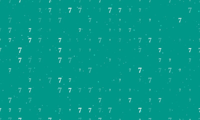 Seamless background pattern of evenly spaced white number seven symbols of different sizes and opacity. Vector illustration on teal background with stars