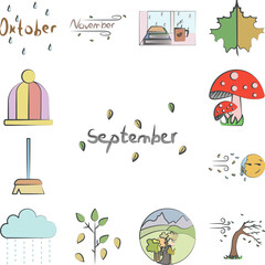 September Fall colored hand drawn icon in a collection with other items