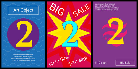 Trendy retro posters for organizing sales and other events. Large number two symbol in the center of each poster. Vector illustration on black background