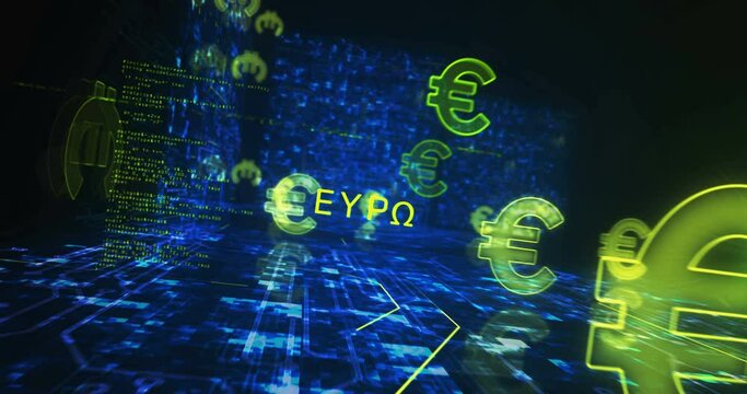 Euro stablecoin currency business and digital money symbol abstract cyber concept. Digital technology background seamless and loopable dynamic 3d animation.
