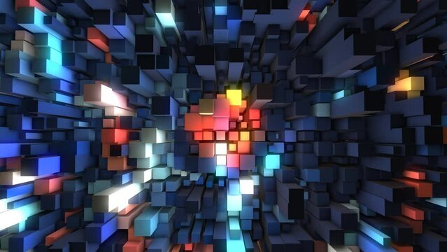 Animated neon background. Randomly moving puzzle, mosaic. 3d rendering. Musical wave surface  rectangles with light. Fire and ice. Stalactite. Screensaver for games, presentations, business, intro. 4k