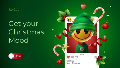 Merry Christmas web banner. Mobile application with Christmas Elf emoji smiling face and holiday decorations elements