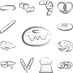 Donut bread hand drawn icon in a collection with other items