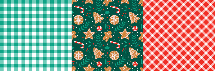 Set of matching Christmas seamless patterns. Gingerbread cookie, candy cane and checkered background for fabric, wrapping paper, textile.