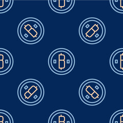 Line Cryptocurrency coin Bitcoin icon isolated seamless pattern on blue background. Physical bit coin. Blockchain based secure crypto currency. Vector