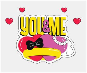 Flat Wedding Sticker. You and Me. Groom. Bride. Wedding Ring. Hearts.
