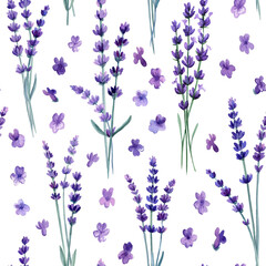 Naklejka premium Lavender flowers seamless pattern. Watercolor hand drawing botanical illustration. Vintage flowers,