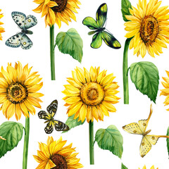 Fototapeta premium Sunflowers and butterflies. Watercolor flowers. Seamless patterns. Vintage flower