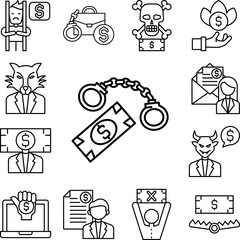 Bribe, handcuffs, clamp, money icon in a collection with other items