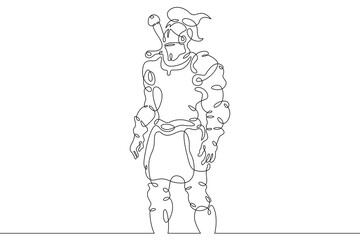 Fototapeta na wymiar One continuous line.Medieval knight. Fantasy hero in heavy armor. Warrior in combat attire.One continuous line is drawn on a white background.