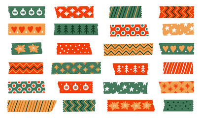 Christmas Washi tapes. Vector set with winter elements. Masking tape or adhesive strips for frames, scrapbooking, borders, web graphics, crafts, stickers. Vector set of colored scotch lines