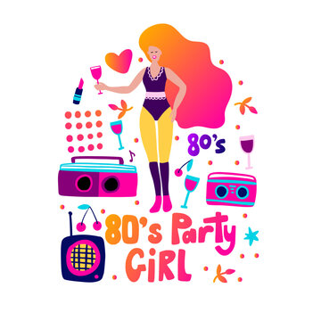 80's retro music party poster funky vector fashion girl card for print