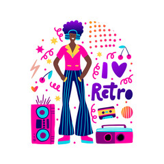 80's retro music party poster funky vector fashion african American boy card for print