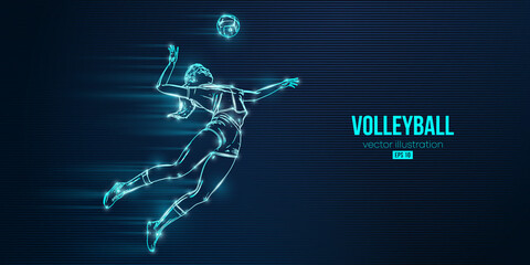 Abstract silhouette of a volleyball player on blue background. Volleyball player woman hits the ball. Vector illustration