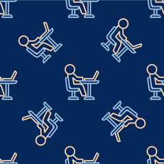 Line Freelancer icon isolated seamless pattern on blue background. Freelancer man working on laptop at his house. Online working, distant job concept. Vector