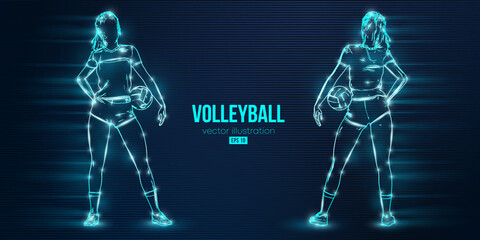 Abstract silhouette of a volleyball player on blue background. Volleyball player woman hits the ball. Vector illustration © Yevheniia