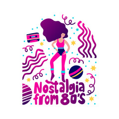 80's nostalgia retro music party poster funky vector fashion aerobic girl card for print