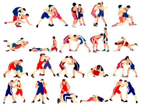 A set of athletes wrestlers in the fight, duel, fight. Greco Roman, freestyle, classical wrestling.