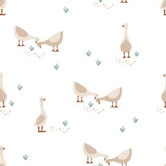 Geese peck grass - kids seamless pattern on white background.  Childish printable design for textile, paper, package