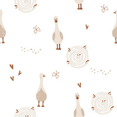 Cute geese with hearts- seamless kids pattern on white background. Kids textile design.  © DigARTbyHavroshka