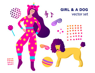 80's style funky girl and puppy dog home pajama party clip art vector collection