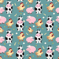 Obraz premium Cute seamless pattern with cows, pigs and chicken on grey background