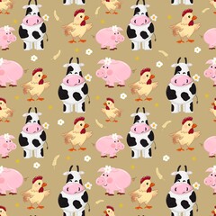Cute seamless pattern with farm animals on yellow  background